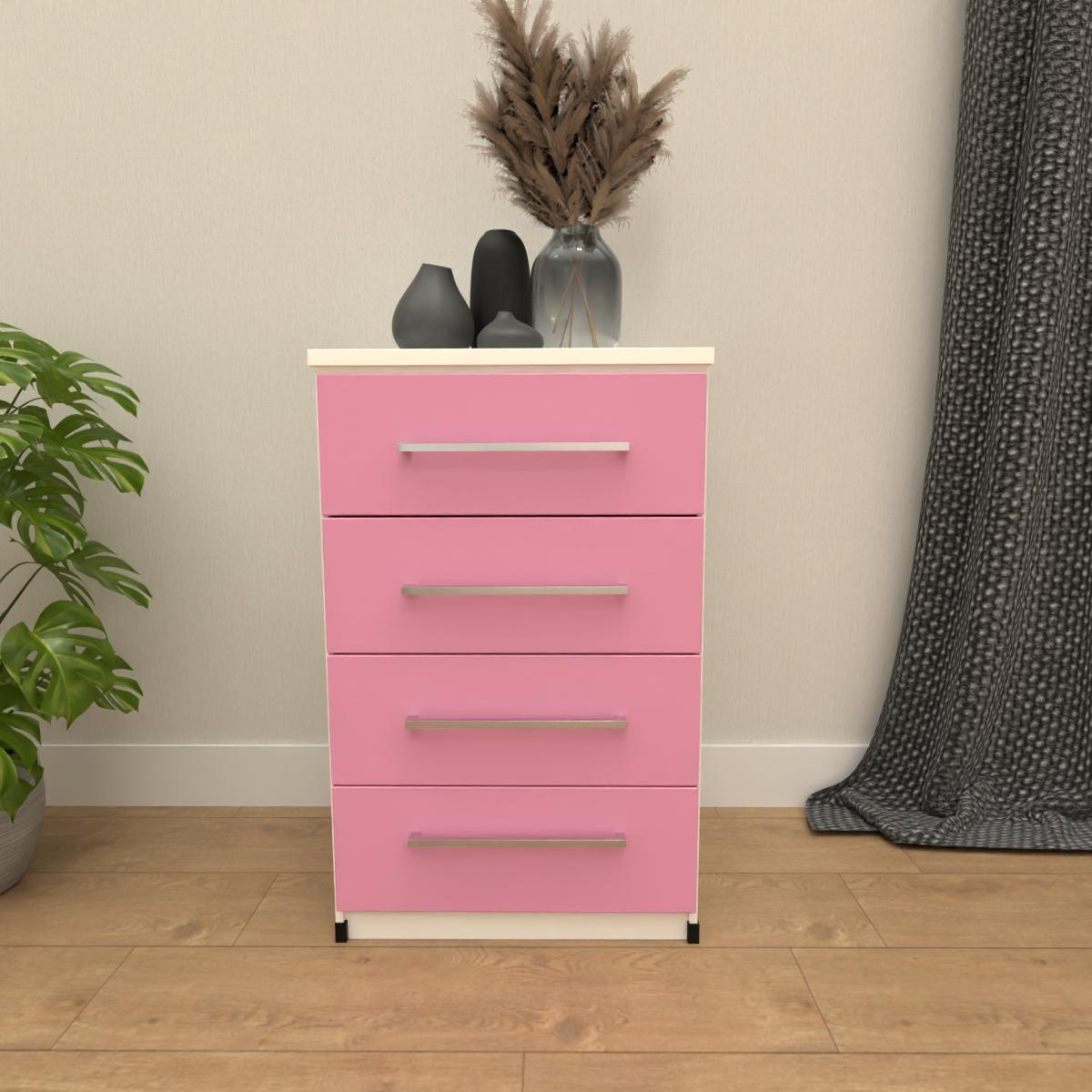 Pink & White 4 drawer bedside table with modern bedroom storage design