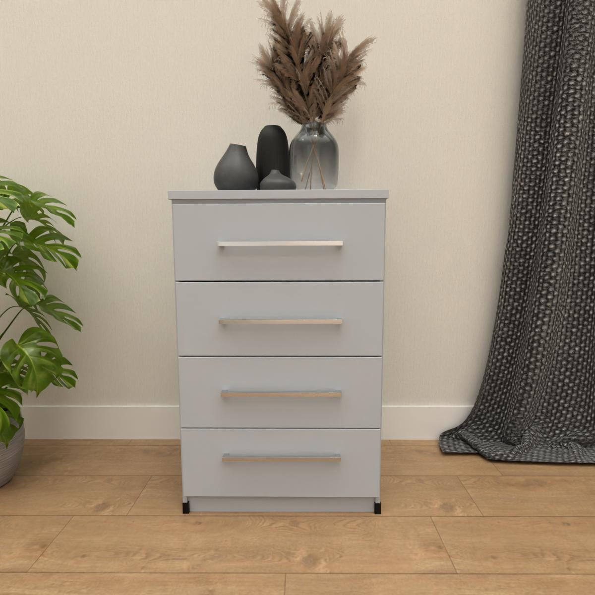 Silver 4 drawer bedside table with modern bedroom storage design