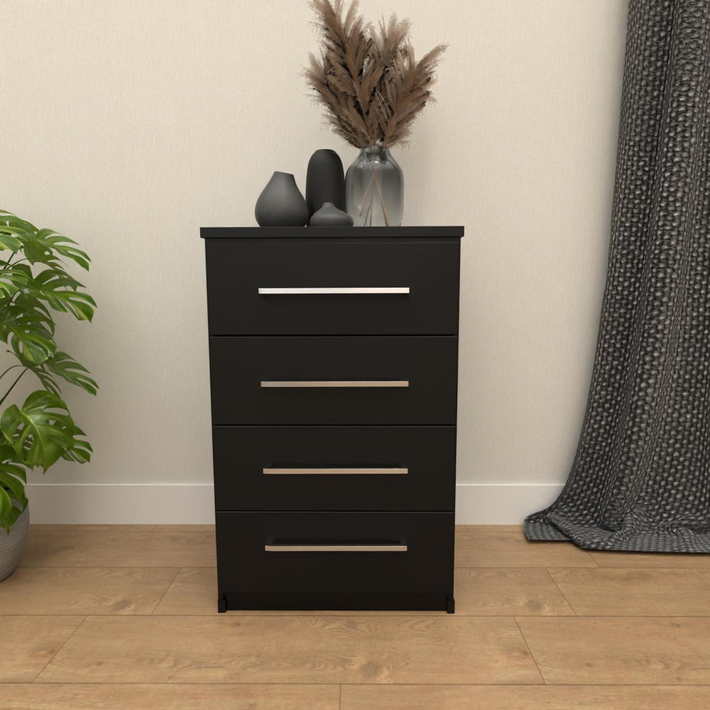 Black 4 drawer bedside table with modern bedroom storage design