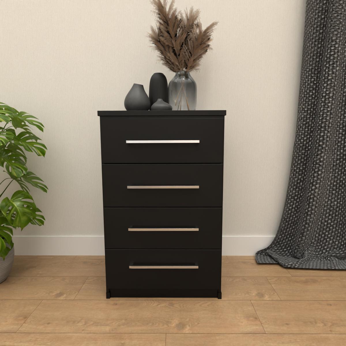 Black 4 drawer bedside table with modern bedroom storage design