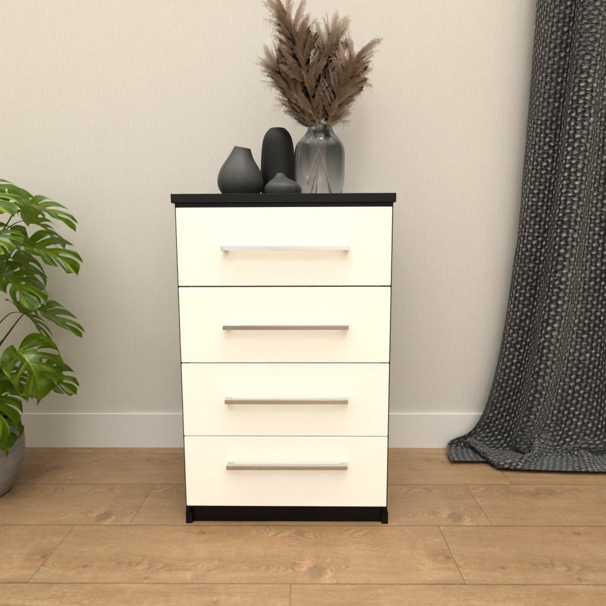 Black & White 4 drawer bedside table with modern bedroom storage design