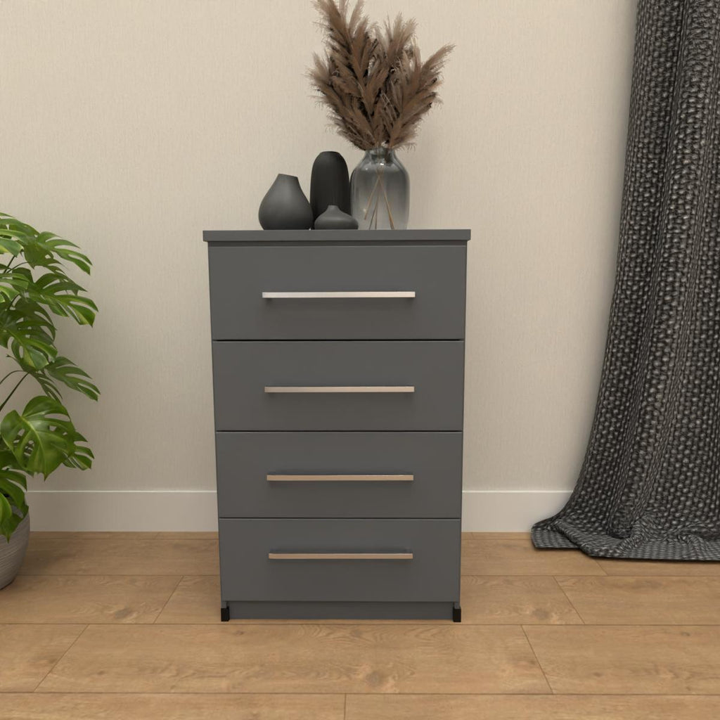 Grey 4 drawer bedside table with modern bedroom storage design
