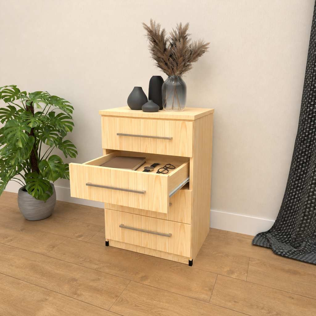 Inside of 4 drawer bedside table for bedroom storage