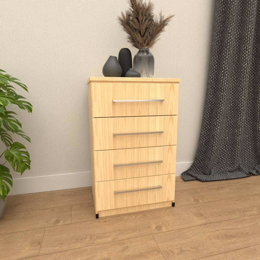 Oak 4 drawer bedside table with modern bedroom storage design