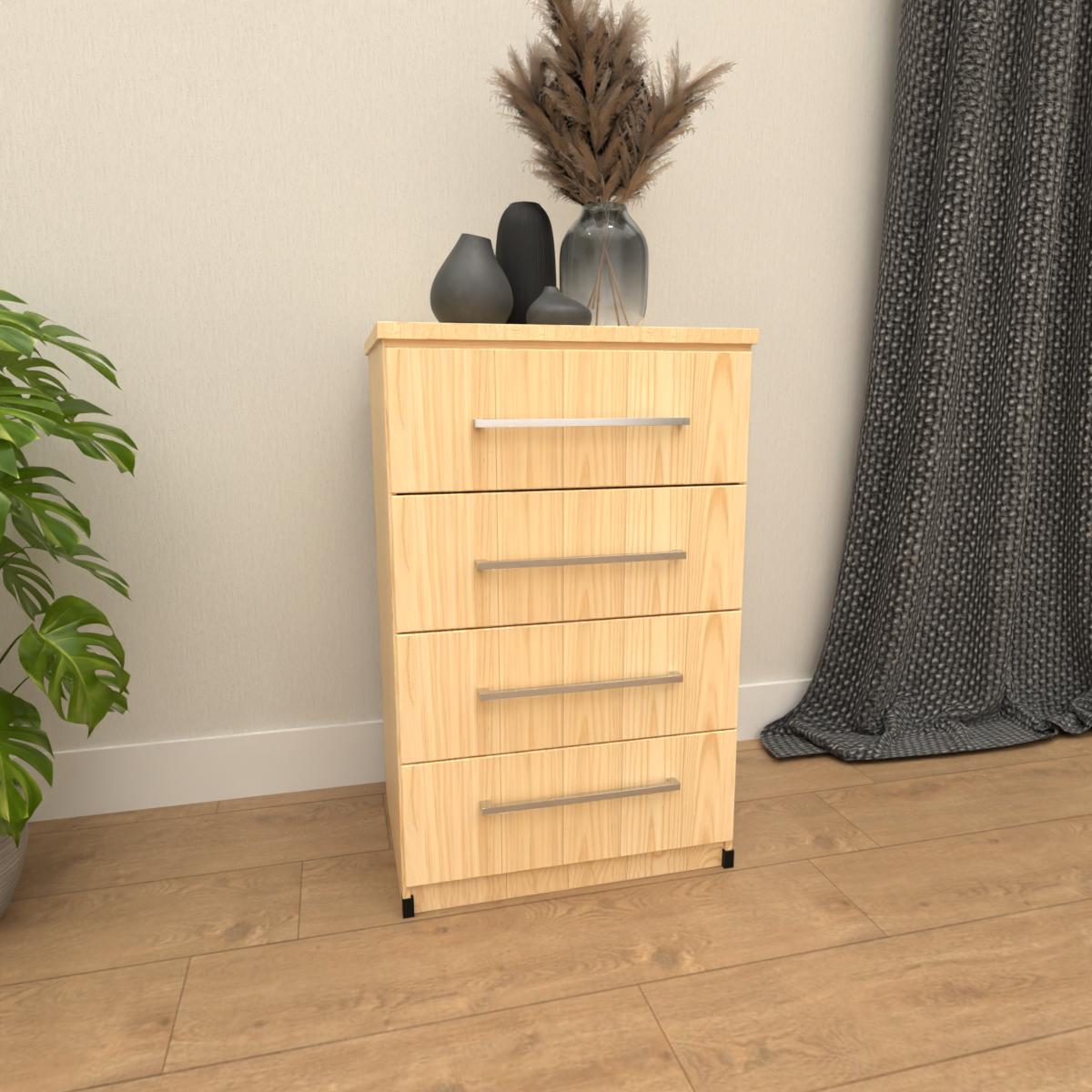 Oak 4 drawer bedside table with modern bedroom storage design