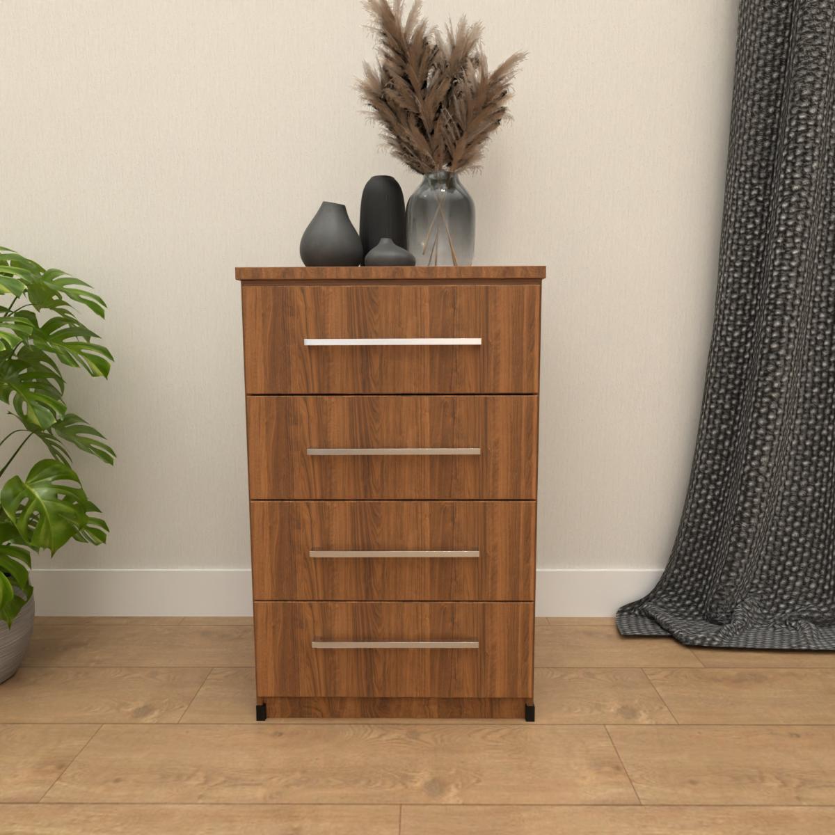 Walnut 4 drawer bedside table with modern bedroom storage design