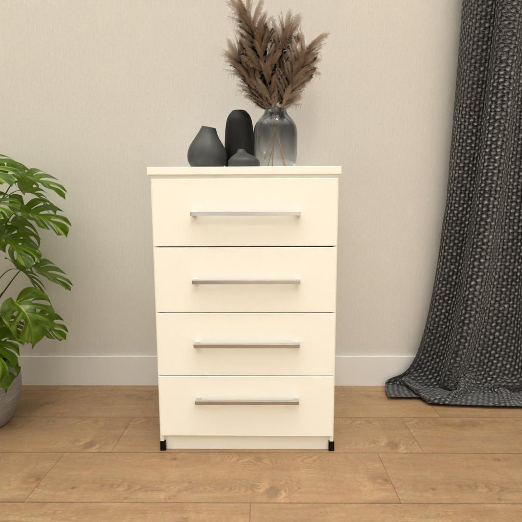 White 4 drawer bedside table with modern bedroom storage design