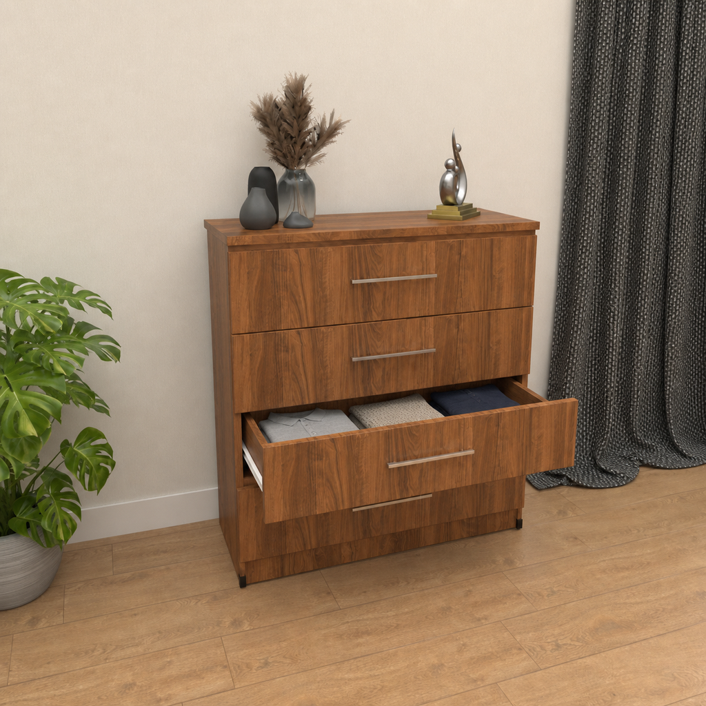 Inside of 4 drawer chest of drawers for bedroom storage