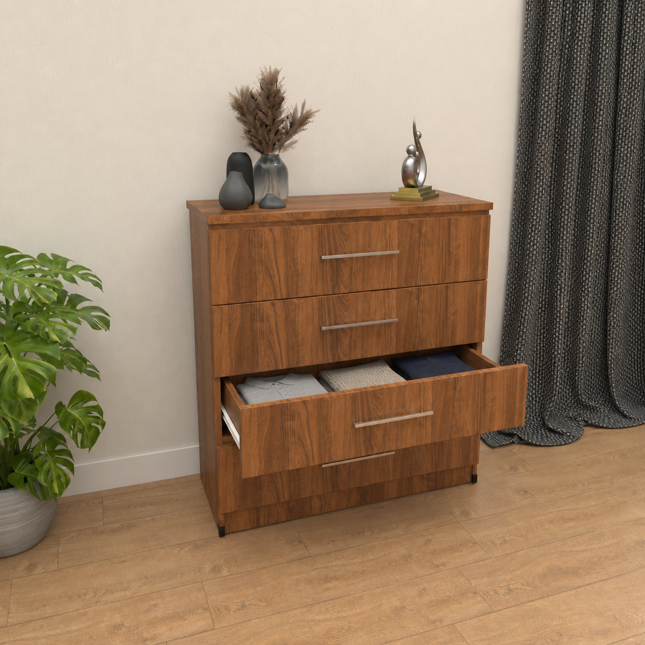 Inside of 4 drawer chest of drawers for bedroom storage
