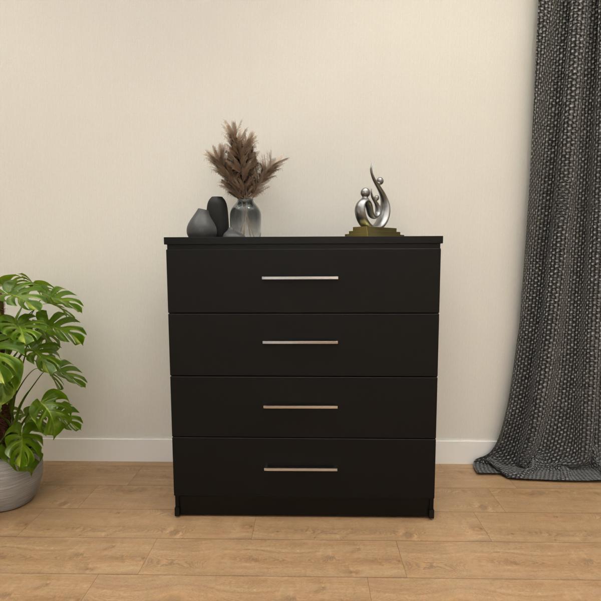 Black 4 drawer chest of drawers with modern bedroom storage design