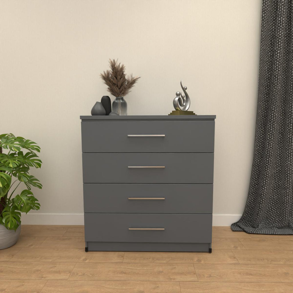 Grey 4 drawer chest of drawers with modern bedroom storage design