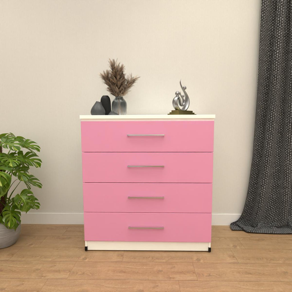 Pink & White 4 drawer chest of drawers with modern bedroom storage design