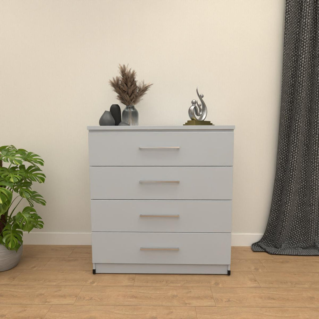 Silver 4 drawer chest of drawers with modern bedroom storage design