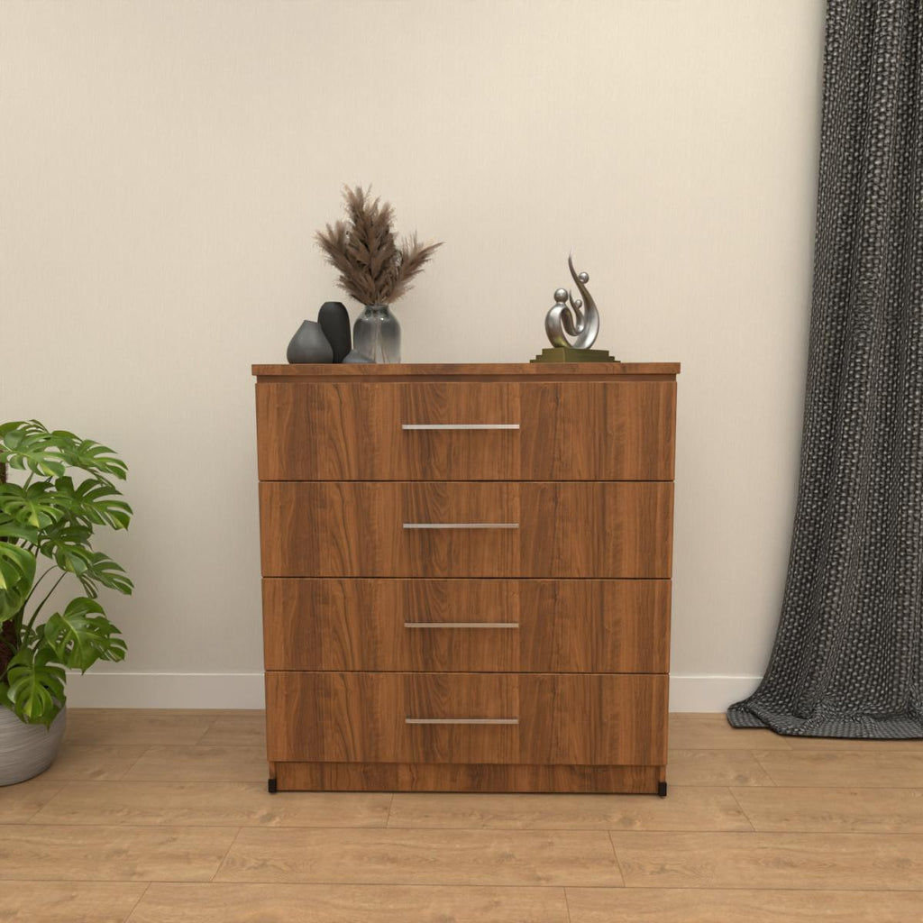 Walnut 4 drawer chest of drawers with modern bedroom storage design