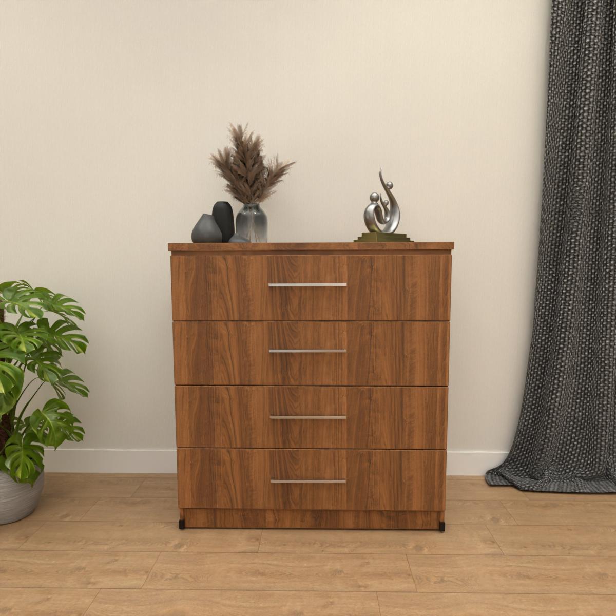 Walnut 4 drawer chest of drawers with modern bedroom storage design