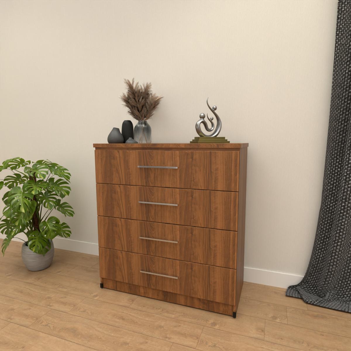 Walnut 4 drawer chest of drawers with modern bedroom storage design