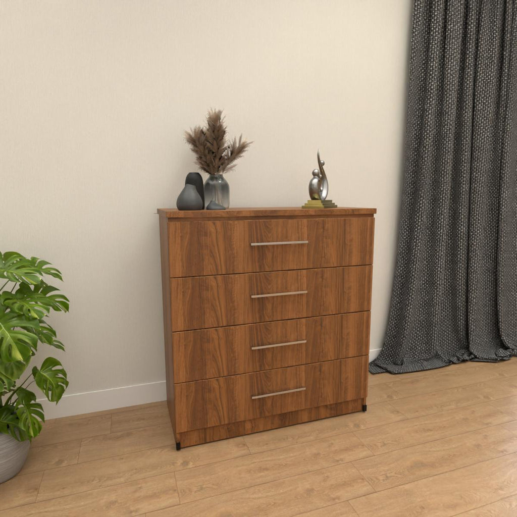 Walnut 4 drawer chest of drawers with modern bedroom storage design