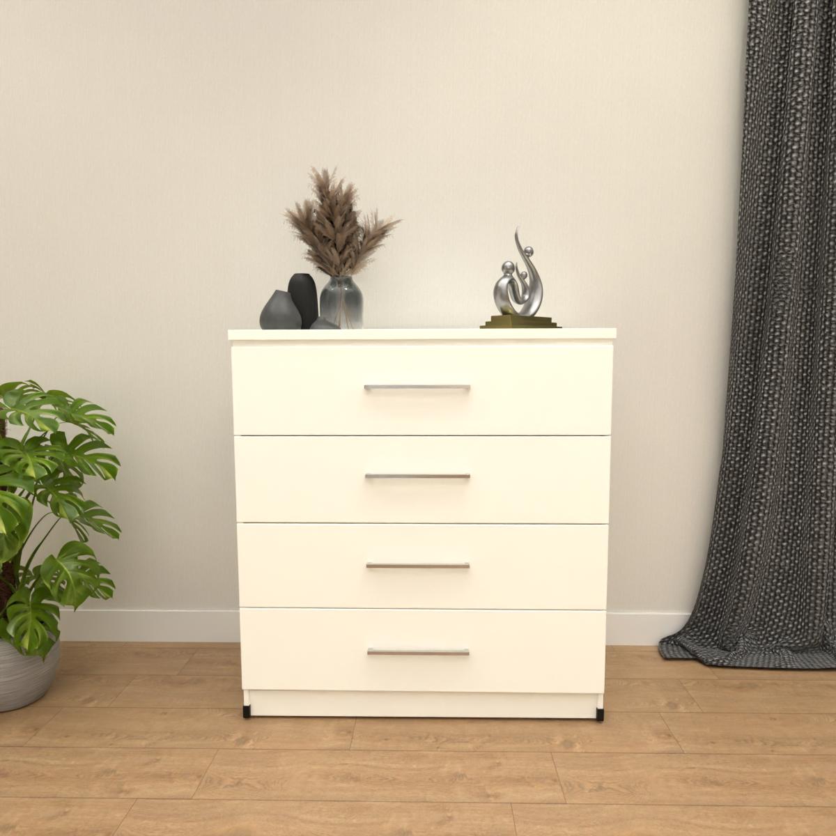 White 4 drawer chest of drawers with modern bedroom storage design
