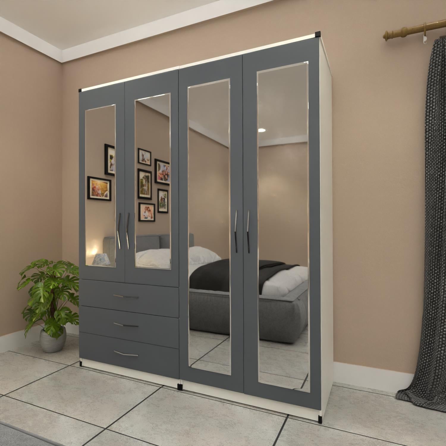 Gray wardrobe with mirror doors in a bedroom setting