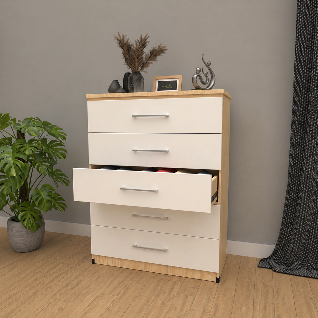 Inside of 5 drawer chest of drawers for bedroom storage