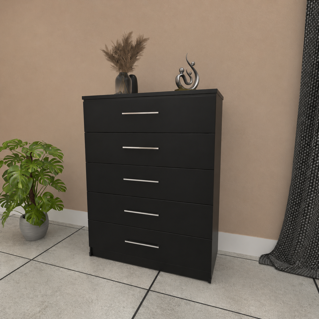 Black 5 drawer chest of drawers with modern bedroom storage design