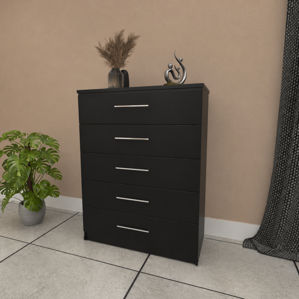 Black 5 drawer chest of drawers with modern bedroom storage design