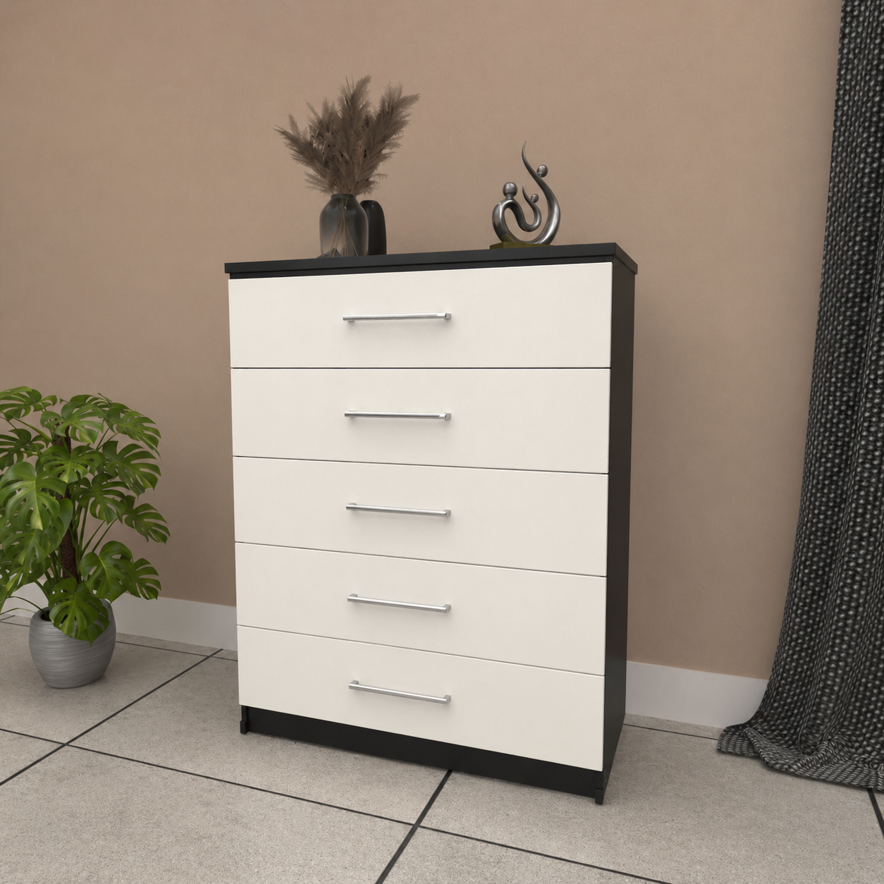 Black & White 5 drawer chest of drawers with modern bedroom storage design