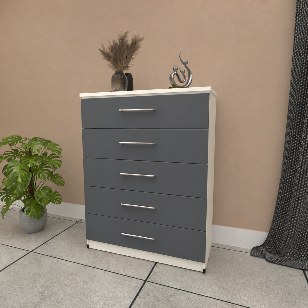 Grey & White 5 drawer chest of drawers with modern bedroom storage design