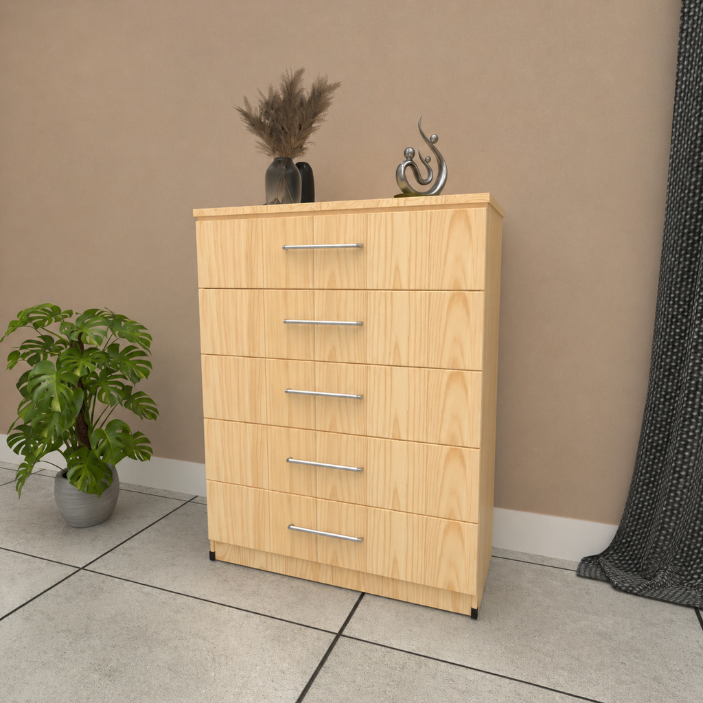Oak 5 drawer chest of drawers with modern bedroom storage design