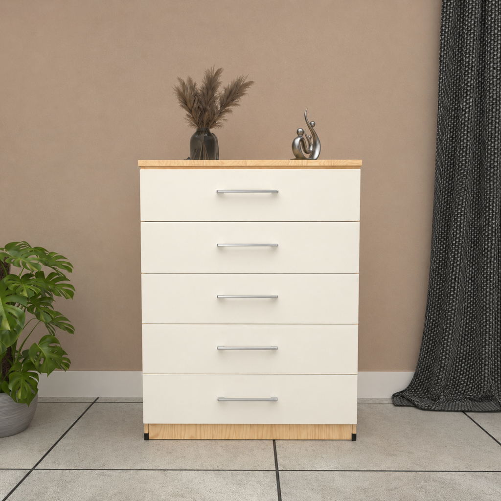 Oak & White 5 drawer chest of drawers with modern bedroom storage design