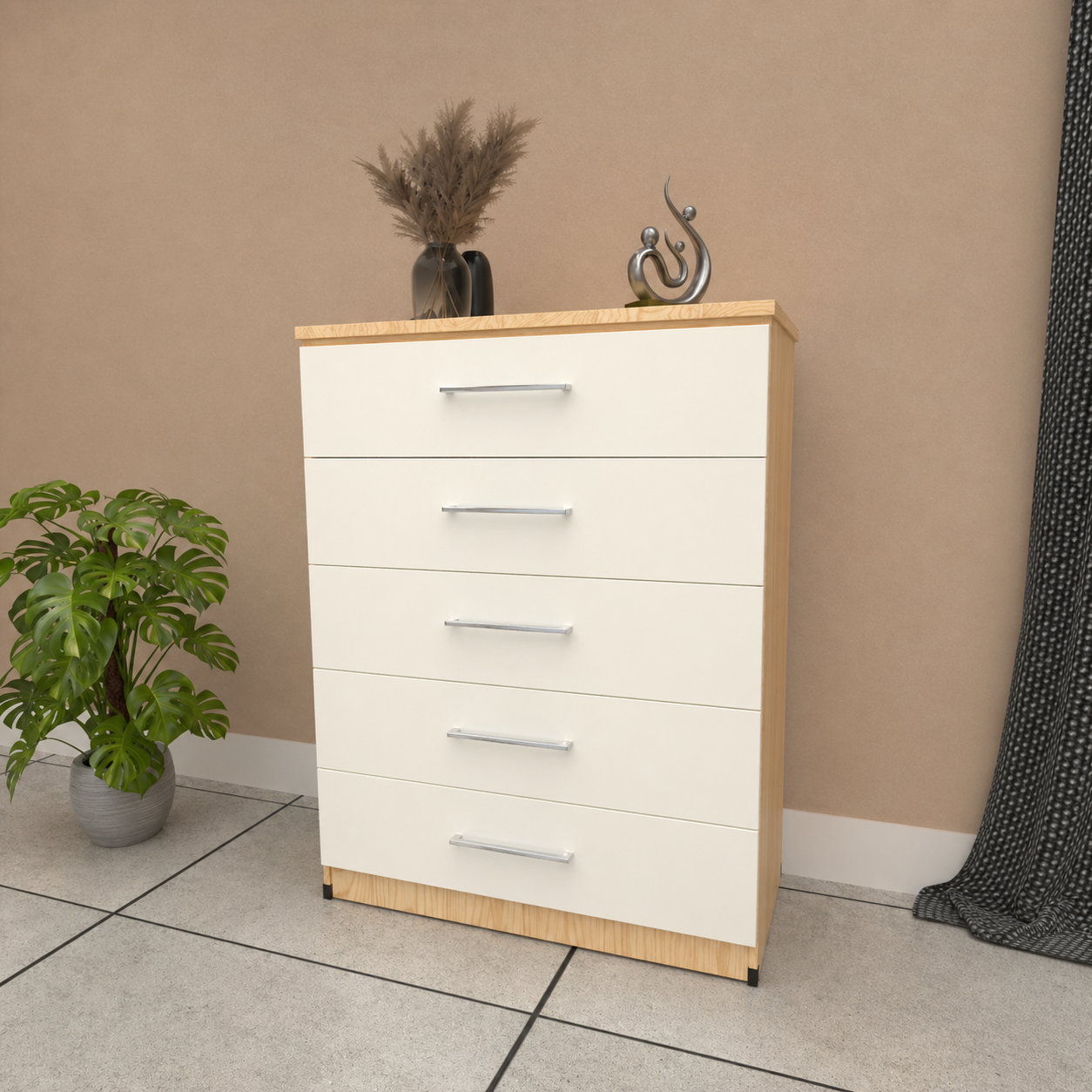 Oak & White 5 drawer chest of drawers with modern bedroom storage design