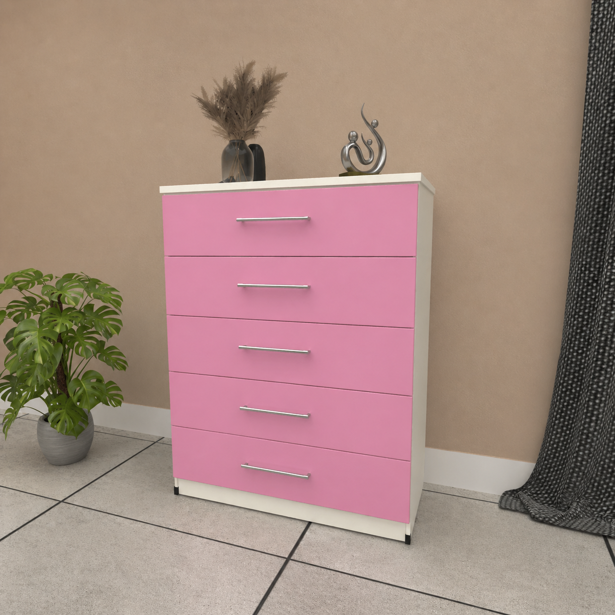 Pink & White 5 drawer chest of drawers with modern bedroom storage design