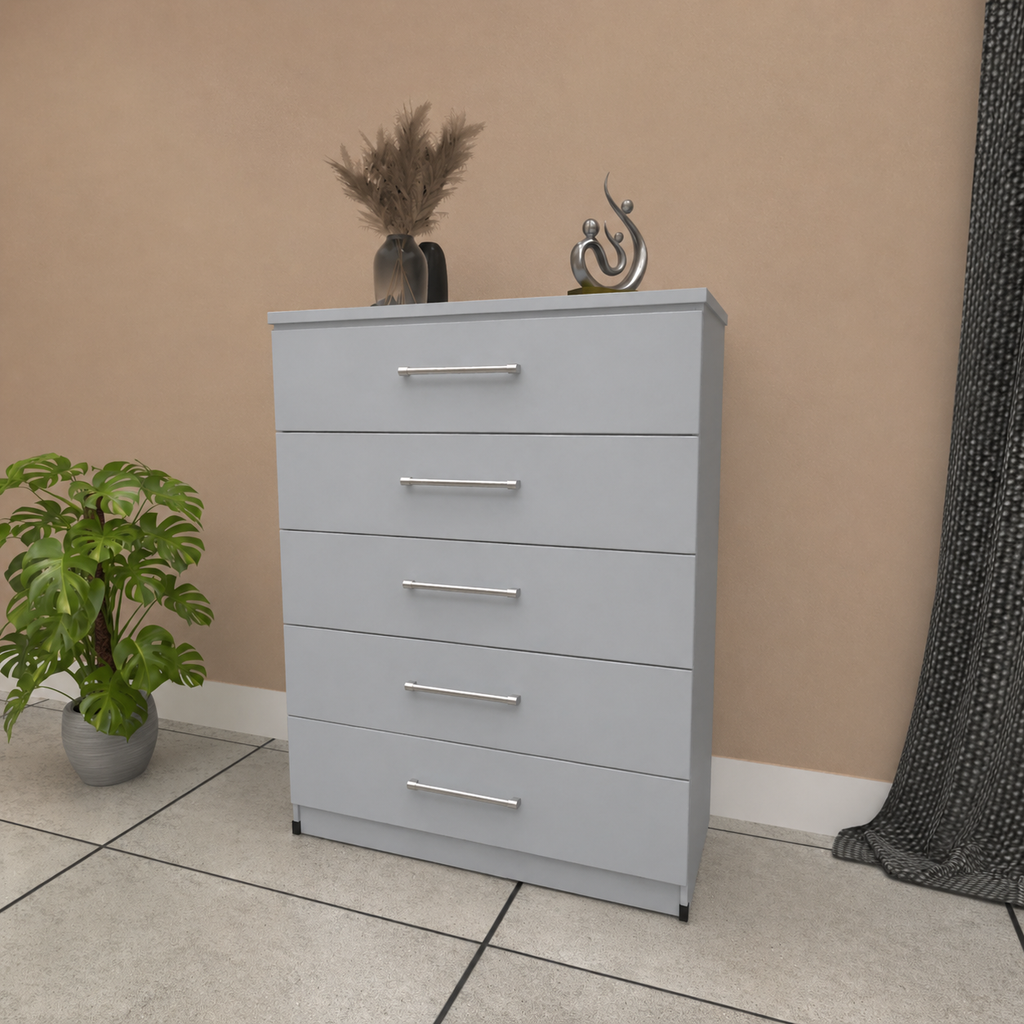 Silver 5 drawer chest of drawers with modern bedroom storage design