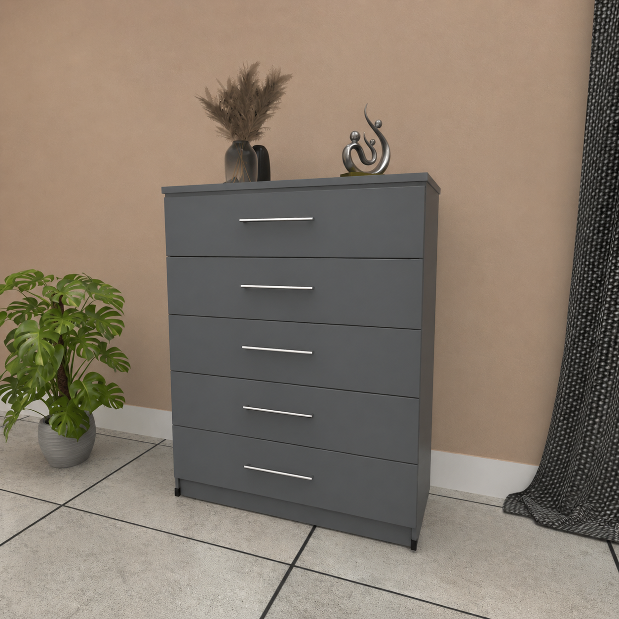 Grey 5  drawer chest of drawers with modern bedroom storage design