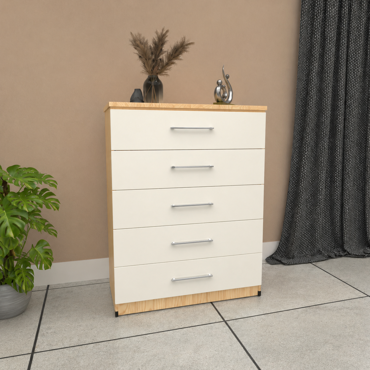 Oak & White 5 drawer chest of drawers with modern bedroom storage design