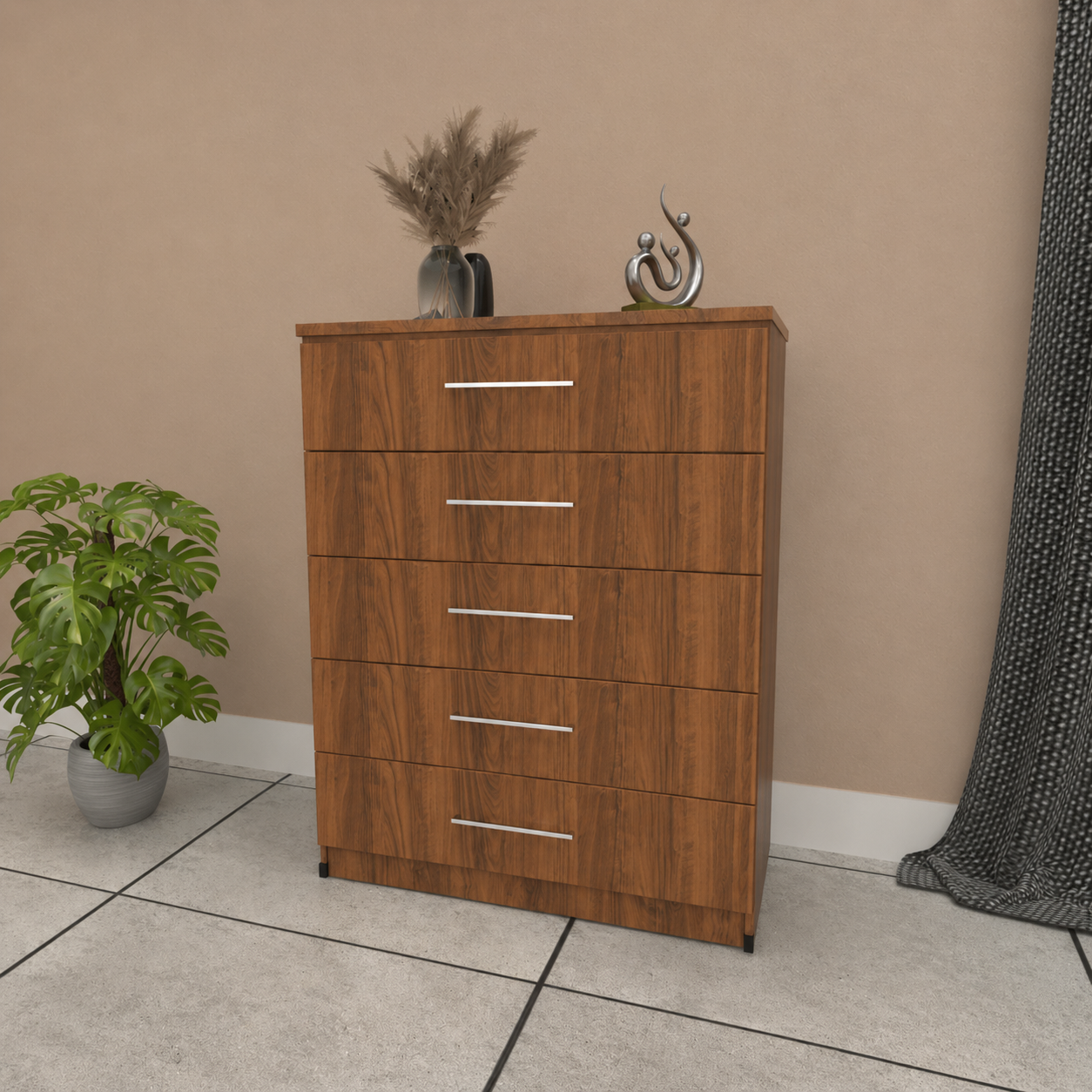 Walnut 5 drawer chest of drawers with modern bedroom storage design