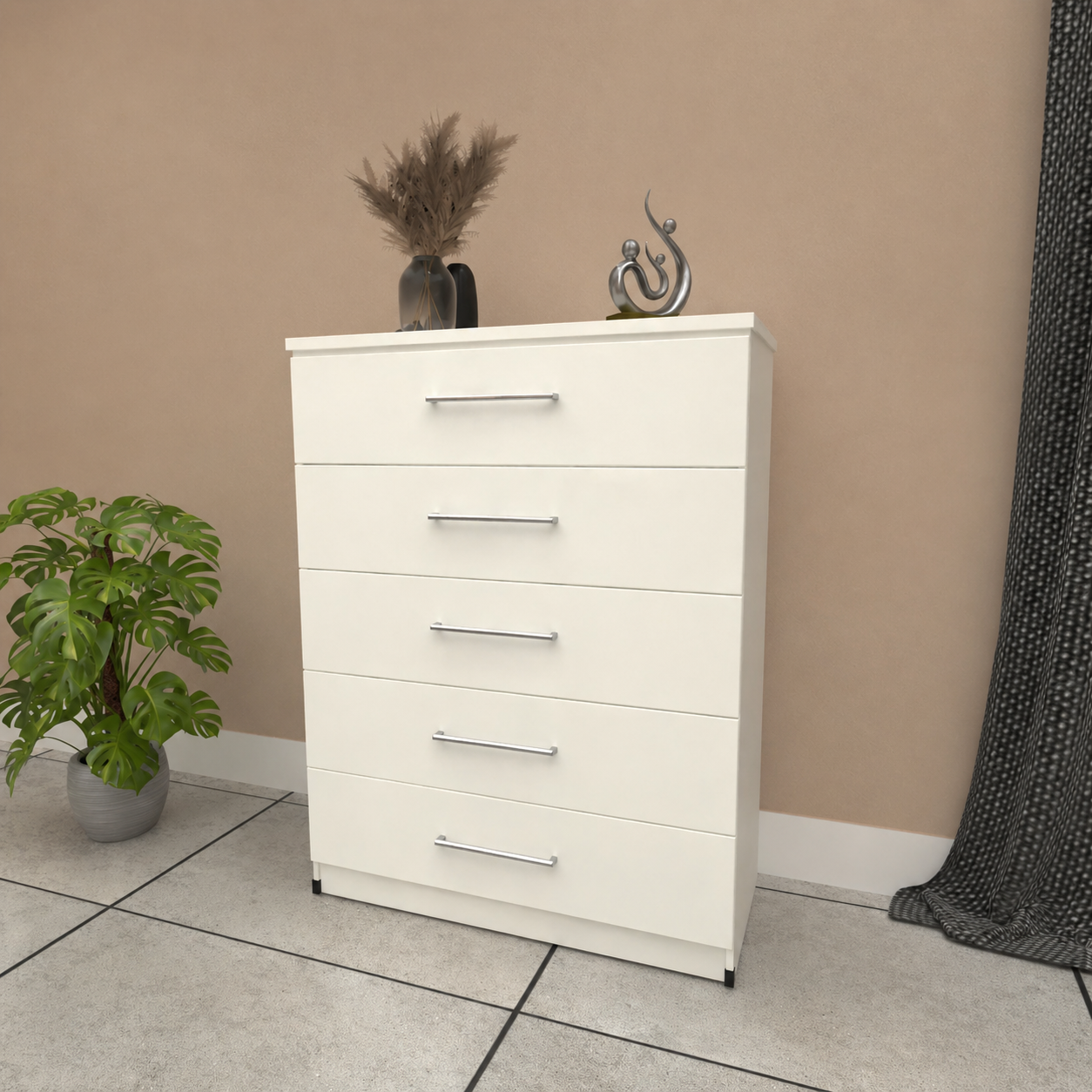 White 5 drawer chest of drawers with modern bedroom storage design