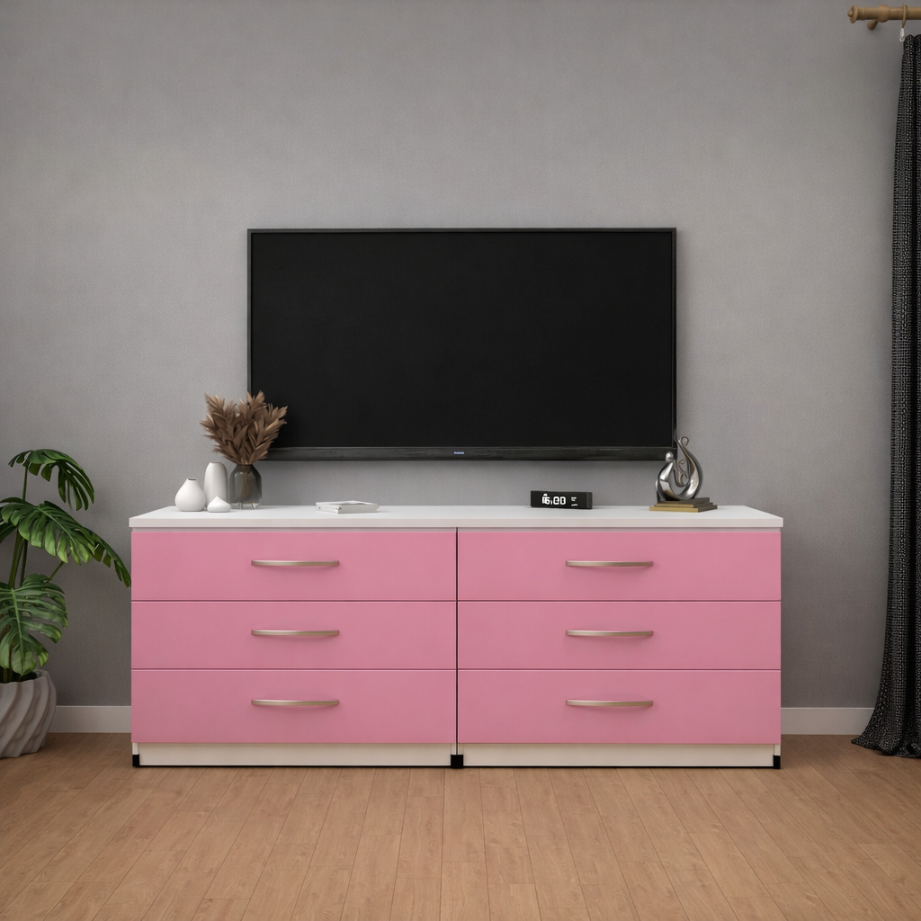Modern Pink and white 6 drawer TV console table with spacious media storage