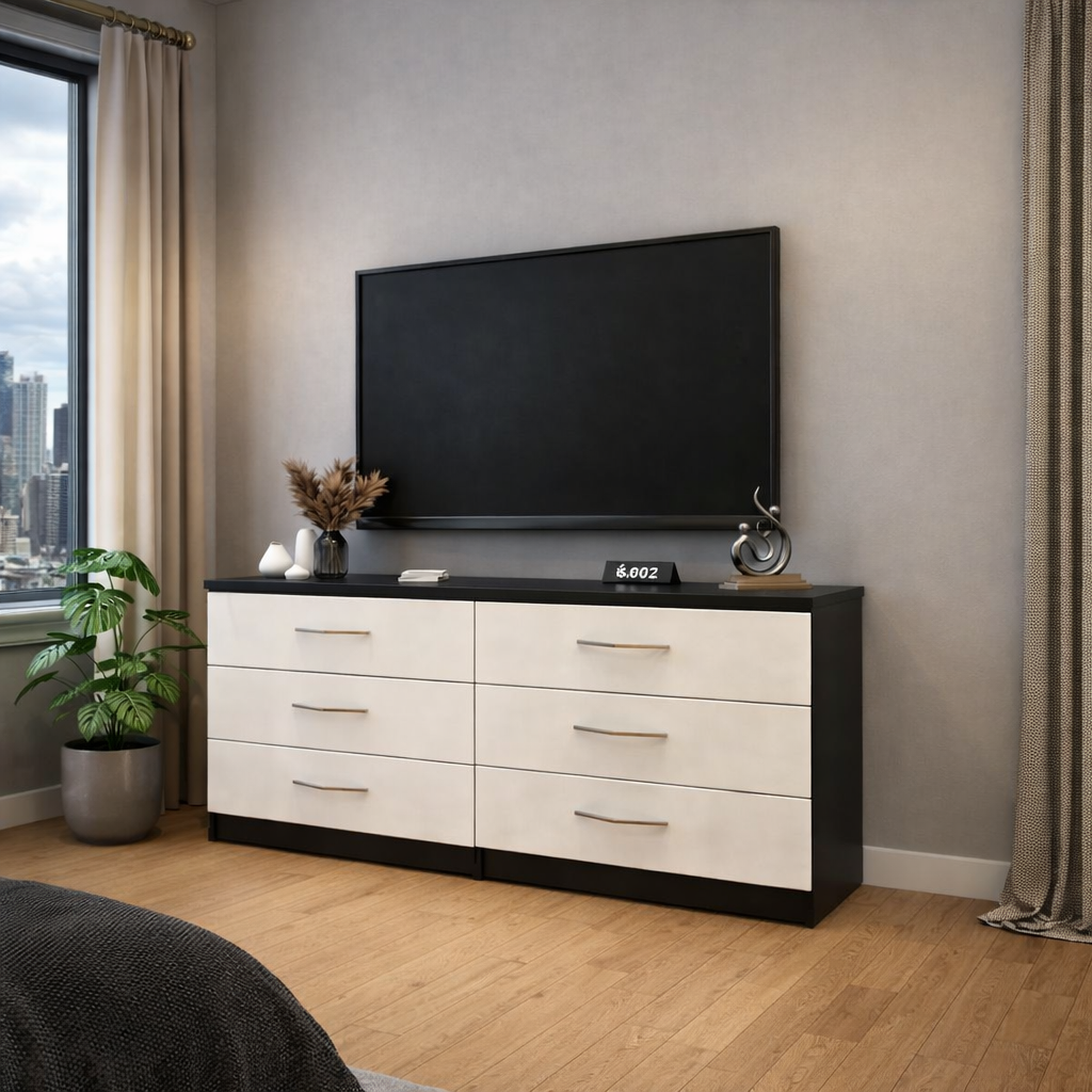 Modern black and white 6 drawer TV console table with spacious media storage