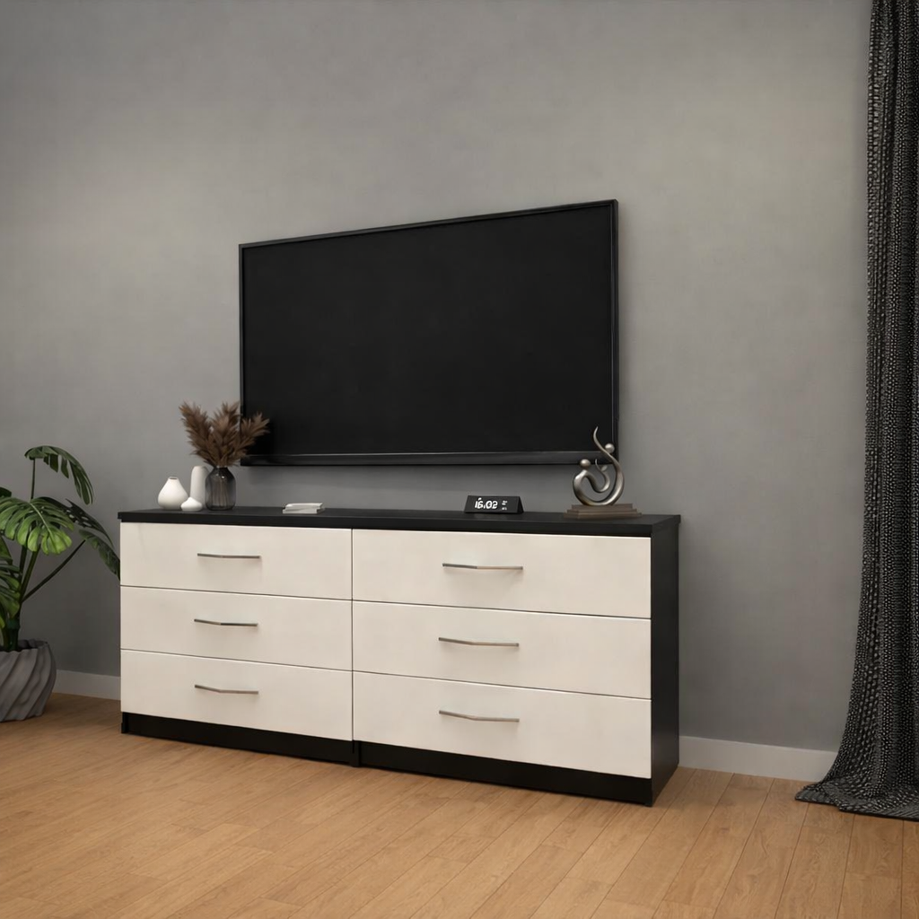 Modern black and white 6 drawer TV console table with spacious media storage