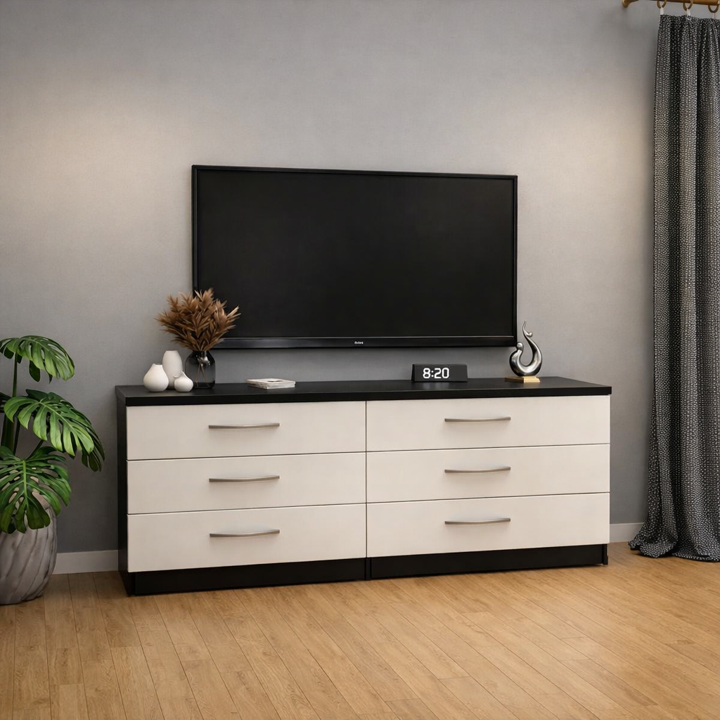 Modern black and white 6 drawer TV console table with spacious media storage