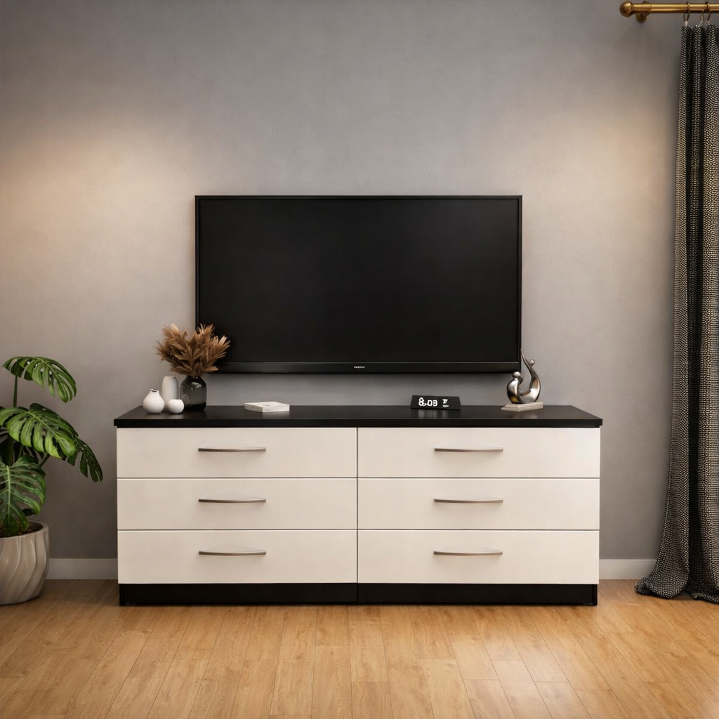Modern black and white 6 drawer TV console table with spacious media storage