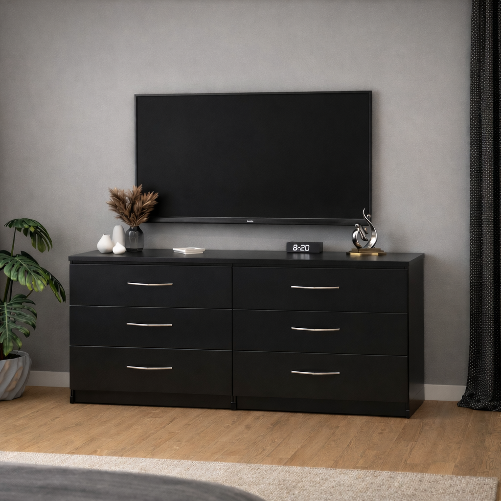 Modern black  6 drawer TV console table with spacious media storage