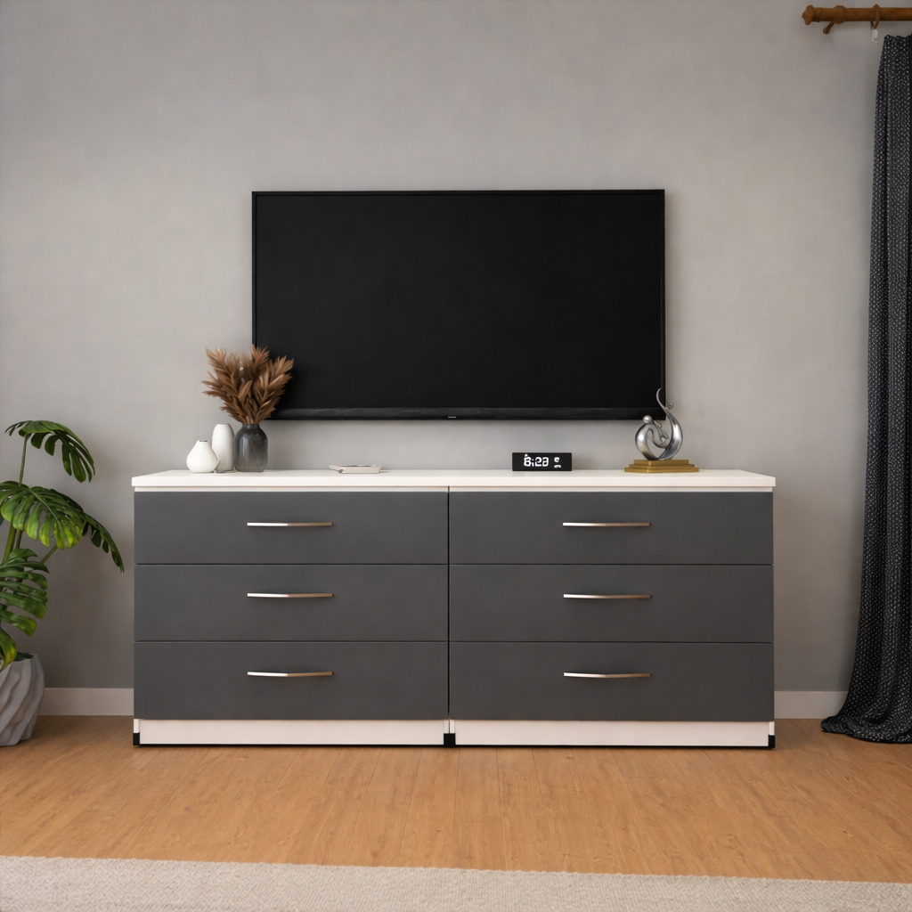 Modern Grey and white 6 drawer TV console table with spacious media storage