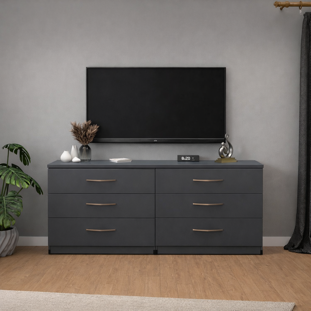 Modern grey 6 drawer TV console table with spacious media storage