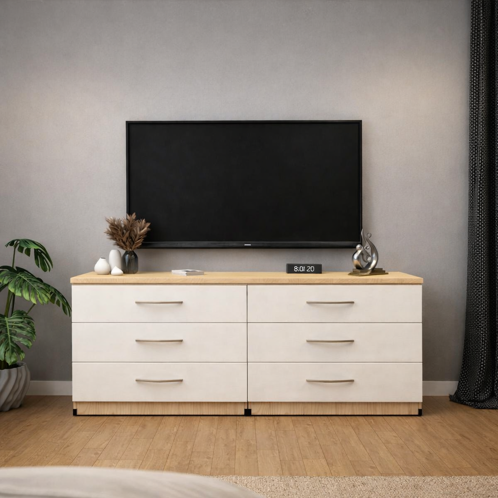 Modern oak and white 6 drawer TV console table with spacious media storage