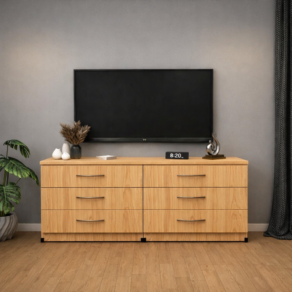 Modern Oak 6 drawer TV console table with spacious media storage