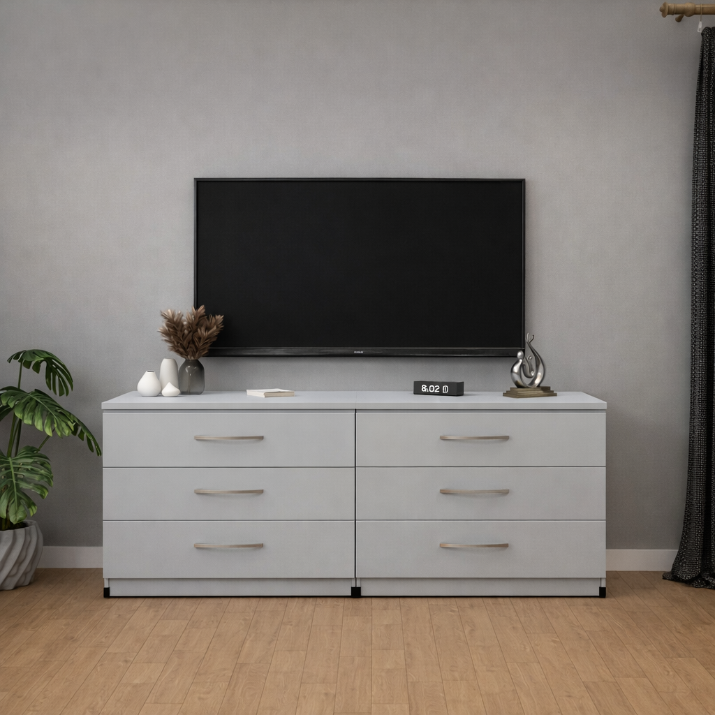 Modern black and white 6 drawer TV console table with spacious media storage