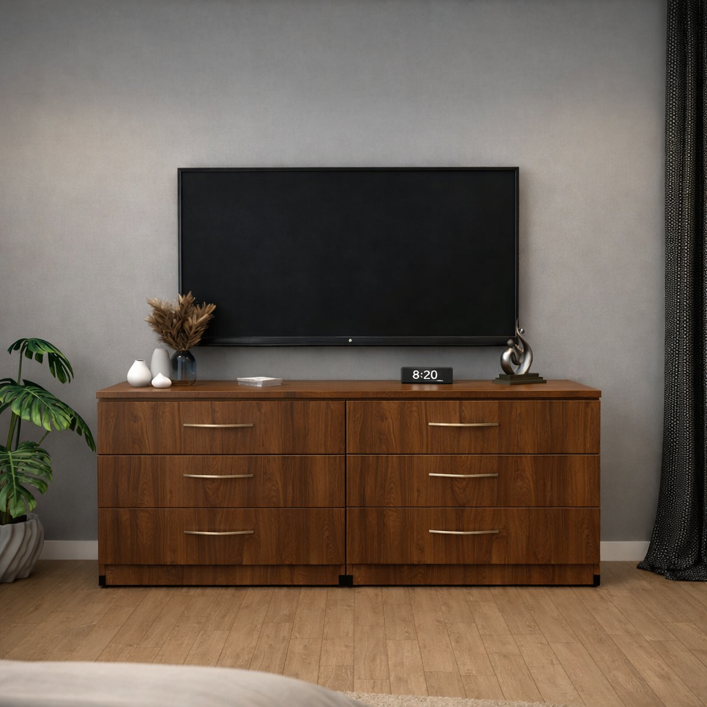 Modern Walnut 6 drawer TV console table with spacious media storage