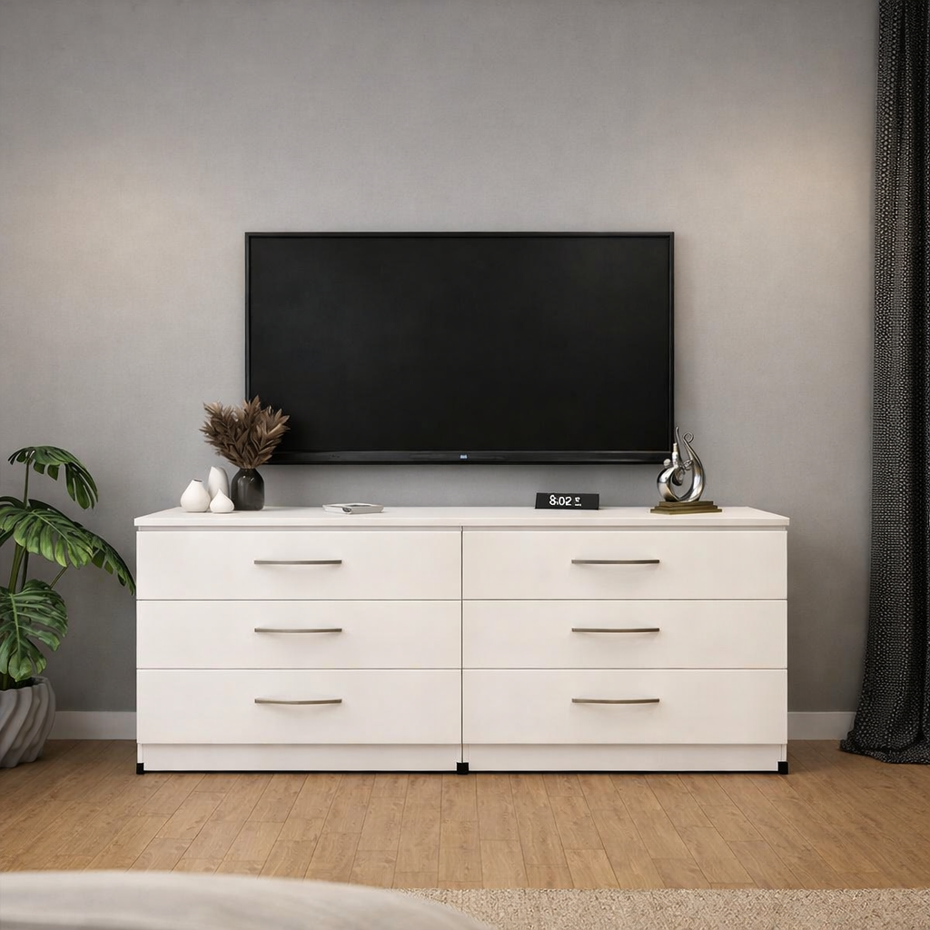 Modern white 6 drawer TV console table with spacious media storage